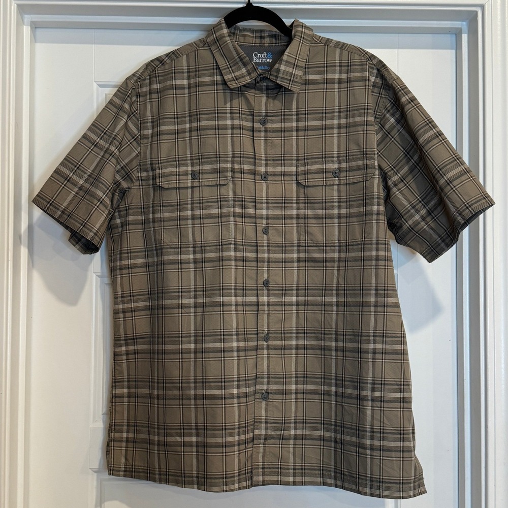 Croft & Barrow Button Down Shirt Mens L Brown Plaid Quick Dry Short Sleeve